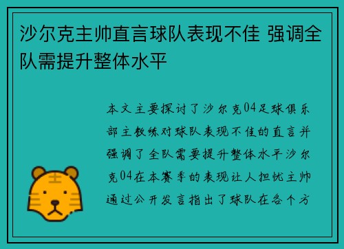 沙尔克主帅直言球队表现不佳 强调全队需提升整体水平