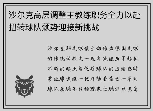 沙尔克高层调整主教练职务全力以赴扭转球队颓势迎接新挑战
