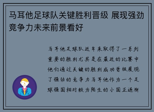 马耳他足球队关键胜利晋级 展现强劲竞争力未来前景看好